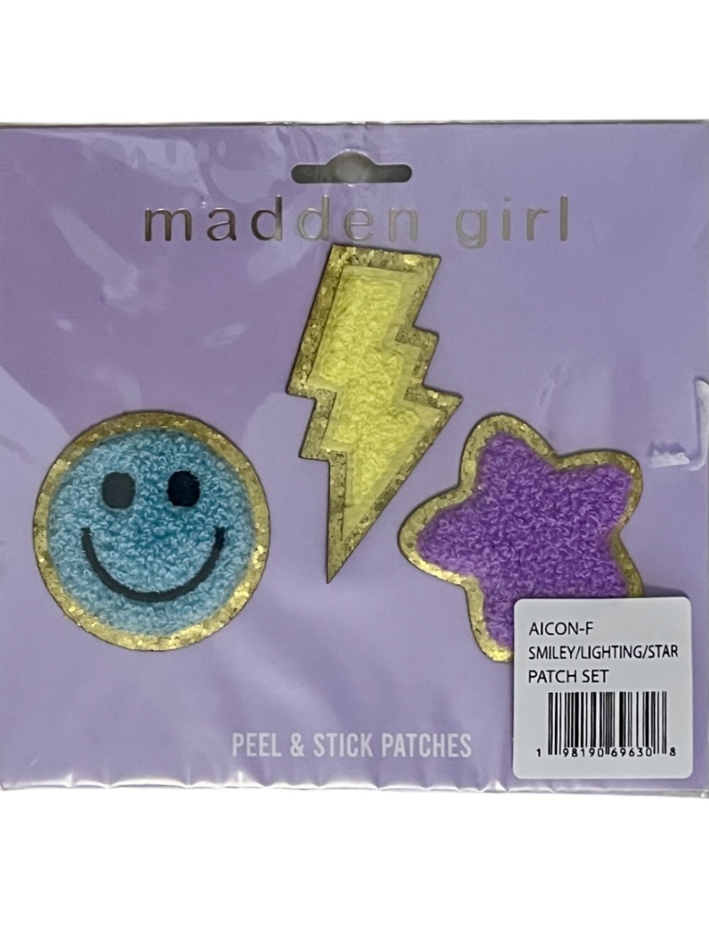 Madden Girl Blue Smiley Yellow Lightning Purple Star Peel & Stick Patch Set